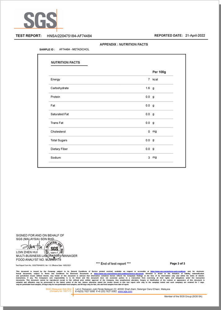 Metadichol Nutrition Facts Page 2 Lab Test Report